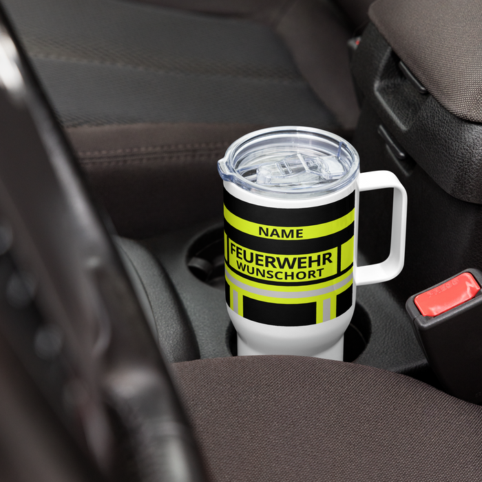 Feuerwehr Thermobecher – Personalisiert mit Name & Wunschort (Schwarz/Leuchtgelb) – Bild 4