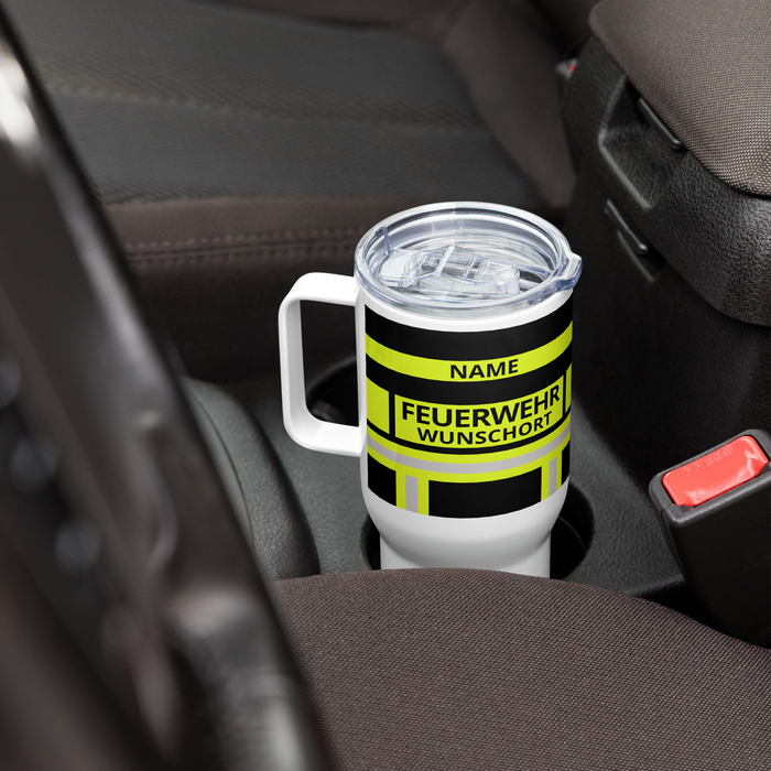 Feuerwehr Thermobecher – Personalisiert mit Name & Wunschort (Schwarz/Leuchtgelb) – Bild 8