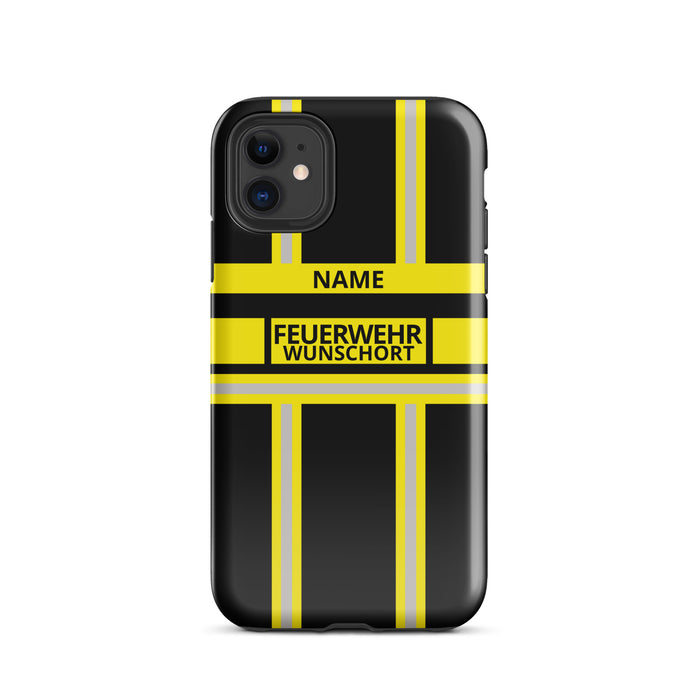 Feuerwehr Handyhülle iPhone® Hardcase Schwarz/Gelb mit Name und Wunschort – iPhone 11 / 11 Pro / 11 Pro Max