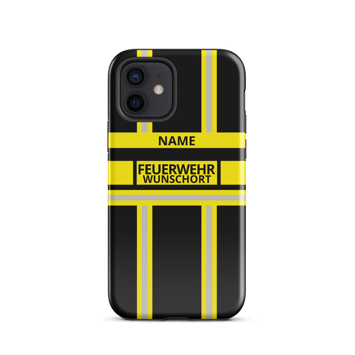 Feuerwehr Handyhülle iPhone® Hardcase Schwarz/Gelb mit Name und Wunschort – iPhone 12 / 12 mini / 12 Pro / 12 Pro Max