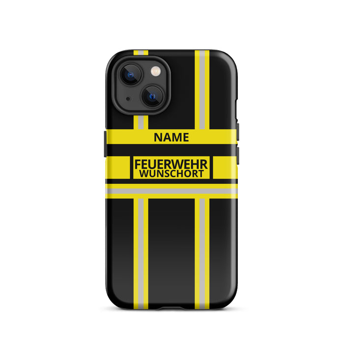 Feuerwehr Handyhülle iPhone® Hardcase Schwarz/Gelb mit Name und Wunschort – iPhone 13 / 13 mini / 13 Pro / 13 Pro Max