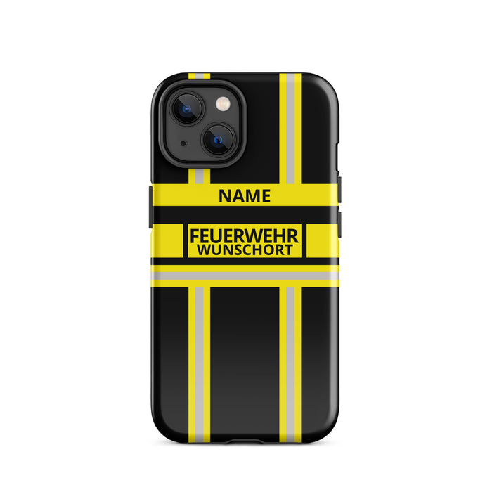 Feuerwehr Handyhülle iPhone® Hardcase Schwarz/Gelb mit Name und Wunschort – iPhone 14 / 14 Plus / 14 Pro / 14 Pro Max