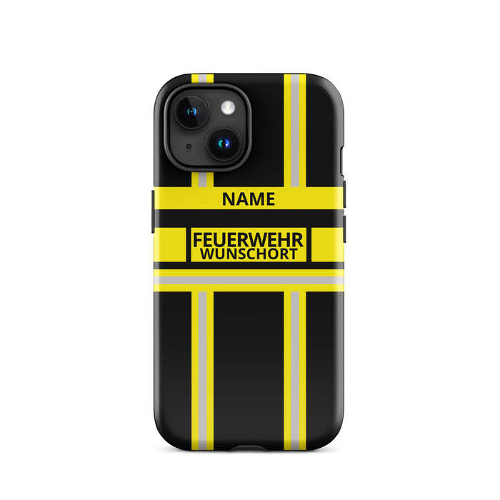 Feuerwehr Handyhülle iPhone® Hardcase Schwarz/Gelb mit Name und Wunschort – iPhone 15 / 15 Plus / 15 Pro / 15 Pro Max