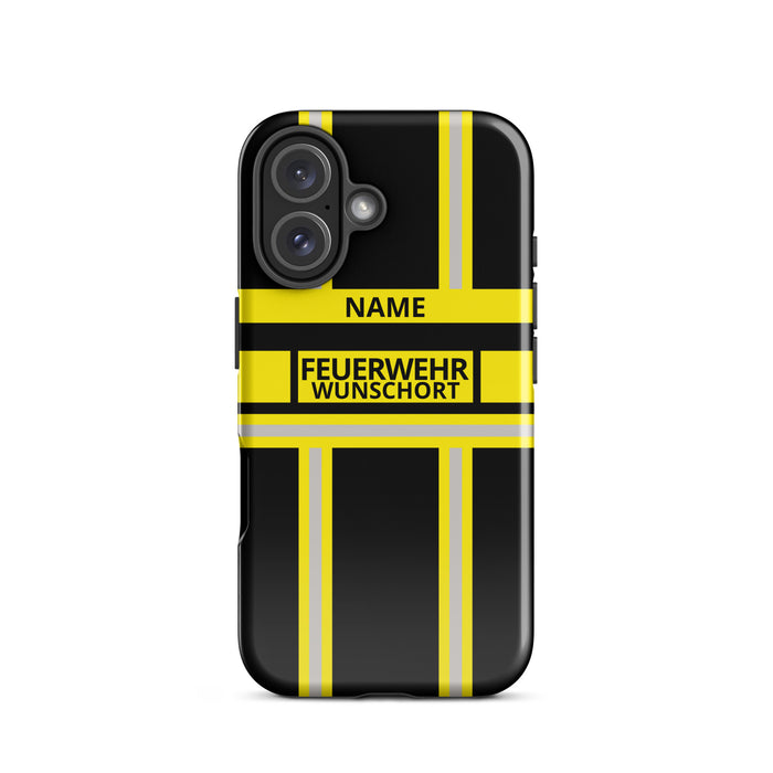 Feuerwehr Handyhülle iPhone® Hardcase Schwarz/Gelb mit Name und Wunschort – iPhone 16 / 16 Plus / 16 Pro / 16 Pro Max