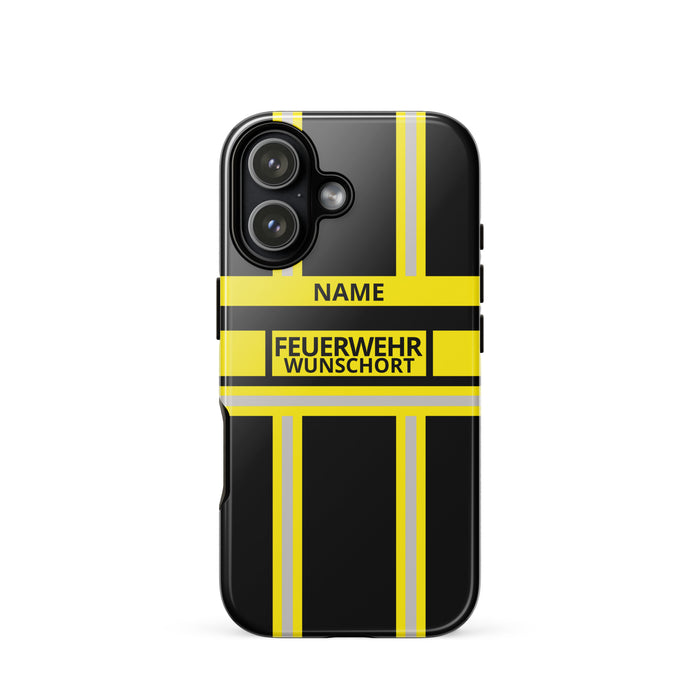 Feuerwehr Handyhülle iPhone® Hardcase Schwarz/Gelb mit Name und Wunschort – iPhone 17 / 17 Air / 17 Pro / 17 Pro Max