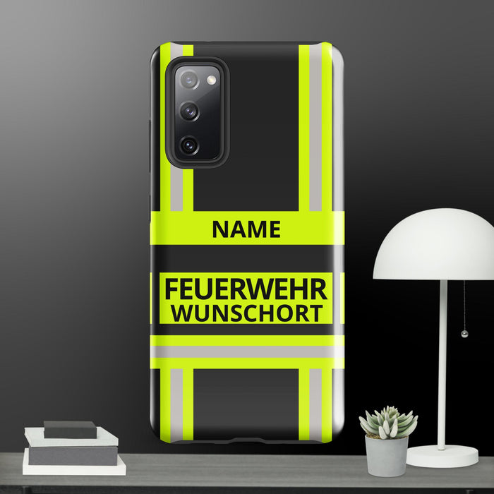 Feuerwehr Handyhülle Samsung® Galaxy S20 FE Hardcase Schwarz/Leuchtgelb – personalisiert mit Name und Feuerwehr