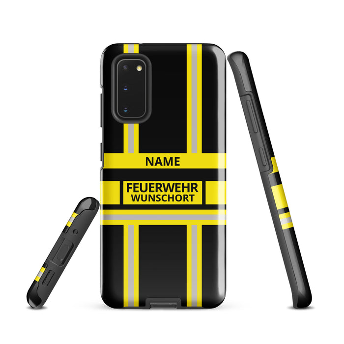 Feuerwehr Handyhülle Samsung® Hardcase Schwarz/Gelb mit Name und Wunschort – Samsung Galaxy S20 / S20 FE / S20 Plus / S20 Ultra