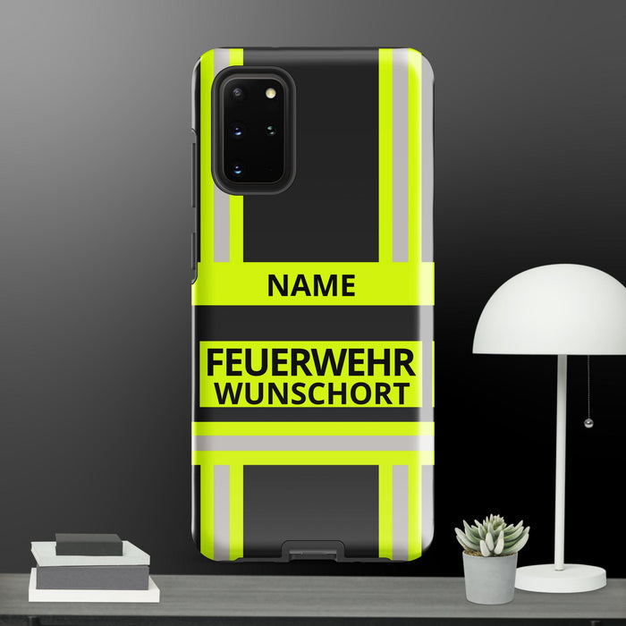 Feuerwehr Handyhülle Samsung® Galaxy S20 Plus Hardcase Schwarz/Leuchtgelb – personalisiert mit Name und Feuerwehr