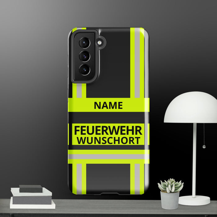 Feuerwehr Handyhülle Samsung® Galaxy S21 Hardcase Schwarz/Leuchtgelb – personalisiert mit Name und Feuerwehr