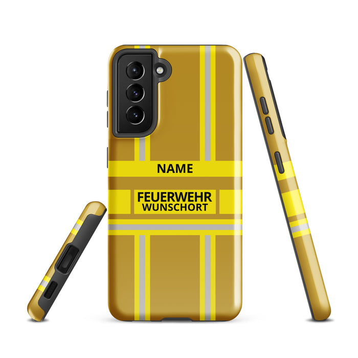 Feuerwehr Handyhülle Samsung® Hardcase Gold/Gelb mit Name und Wunschort – Samsung Galaxy S21 / S21 FE / S21 Plus / S21 Ultra
