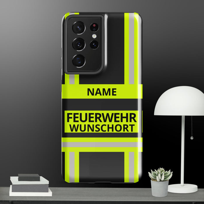 Feuerwehr Handyhülle Samsung® Galaxy S21 Ultra Hardcase Schwarz/Leuchtgelb – personalisiert mit Name und Feuerwehr