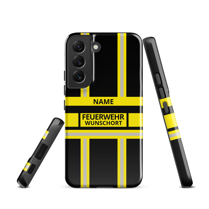 Feuerwehr Handyhülle Samsung® Hardcase Schwarz/Gelb mit Name und Wunschort – Samsung Galaxy S22 / S22 Plus / S22 Ultra