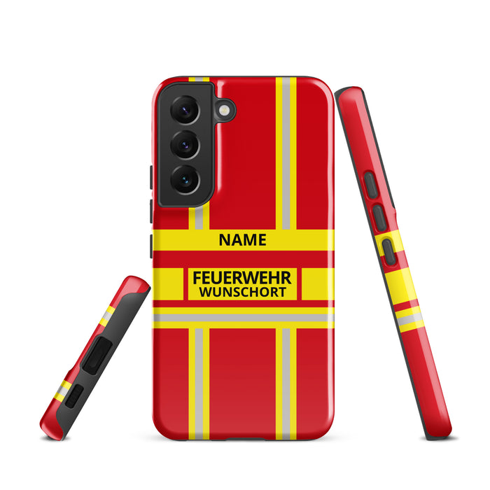 Feuerwehr Handyhülle Samsung® Hardcase Rot/Gelb mit Name und Wunschort – Samsung Galaxy S22 / S22 Plus / S22 Ultra