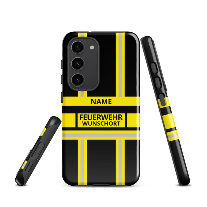 Feuerwehr Handyhülle Samsung® Hardcase Schwarz/Gelb mit Name und Wunschort – Samsung Galaxy S23 / S23 Plus / S23 Ultra