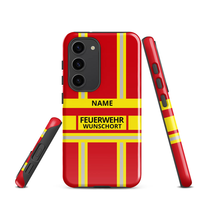 Feuerwehr Handyhülle Samsung® Hardcase Rot/Gelb mit Name und Wunschort – Samsung Galaxy S23 / S23 Plus / S23 Ultra