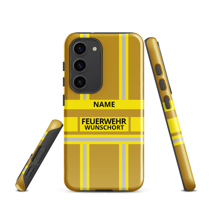 Feuerwehr Handyhülle Samsung® Hardcase Gold/Gelb mit Name und Wunschort – Samsung Galaxy S23 / S23 Plus / S23 Ultra