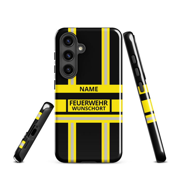 Feuerwehr Handyhülle Samsung® Hardcase Schwarz/Gelb mit Name und Wunschort – Samsung Galaxy S24 / S24 Plus / S24 Ultra