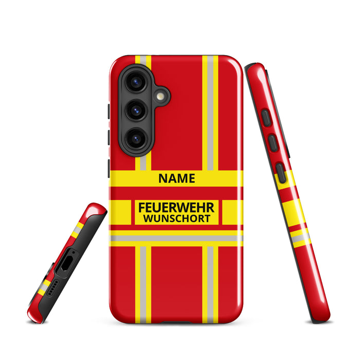 Feuerwehr Handyhülle Samsung® Hardcase Rot/Gelb mit Name und Wunschort – Samsung Galaxy S24 / S24 Plus / S24 Ultra