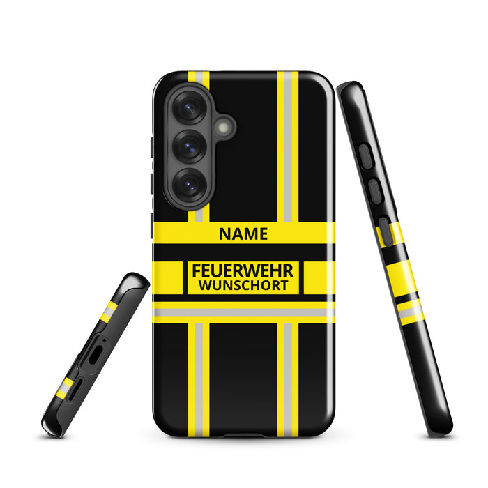 Feuerwehr Handyhülle Samsung® Hardcase Schwarz/Gelb mit Name und Wunschort – Samsung Galaxy S25 / S25 Plus / S25 Ultra