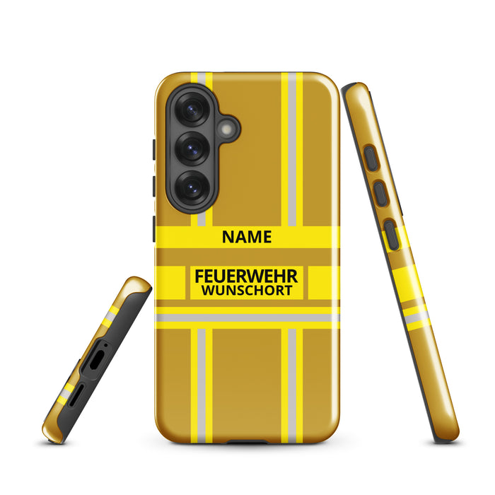 Feuerwehr Handyhülle Samsung® Hardcase Gold/Gelb mit Name und Wunschort – Samsung Galaxy S25 / S25 Plus / S25 Ultra