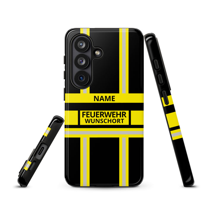 Feuerwehr Handyhülle Samsung® Hardcase Schwarz/Gelb mit Name und Wunschort – Samsung Galaxy S26 / S26 Plus / S26 Ultra