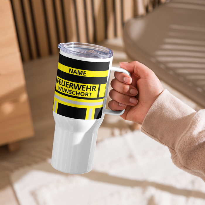 Feuerwehr Thermobecher – Personalisiert mit Name & Wunschort (Schwarz/Gelb) – Bild 1