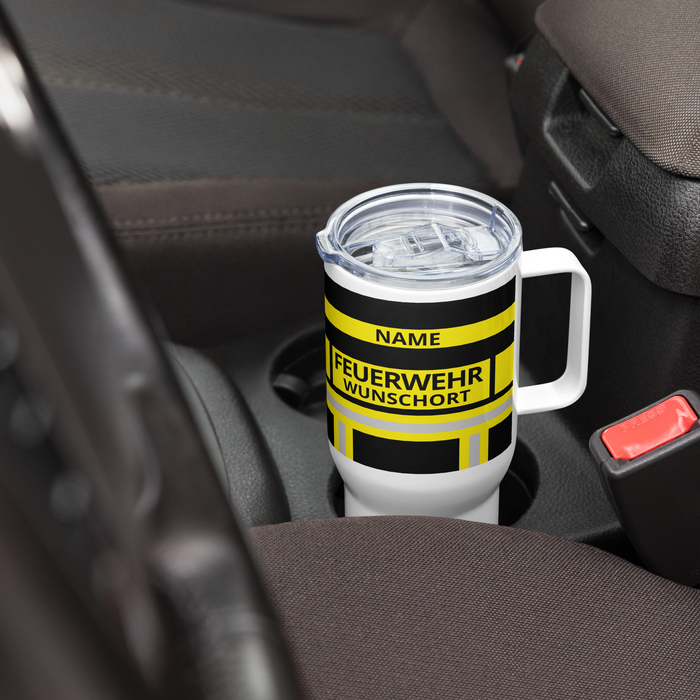 Feuerwehr Thermobecher – Personalisiert mit Name & Wunschort (Schwarz/Gelb) – Bild 4