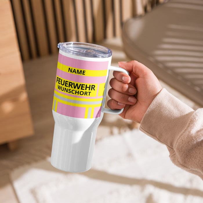 Feuerwehr Thermobecher – Rosa/Gelb – personalisierbar mit Name und Wunschort